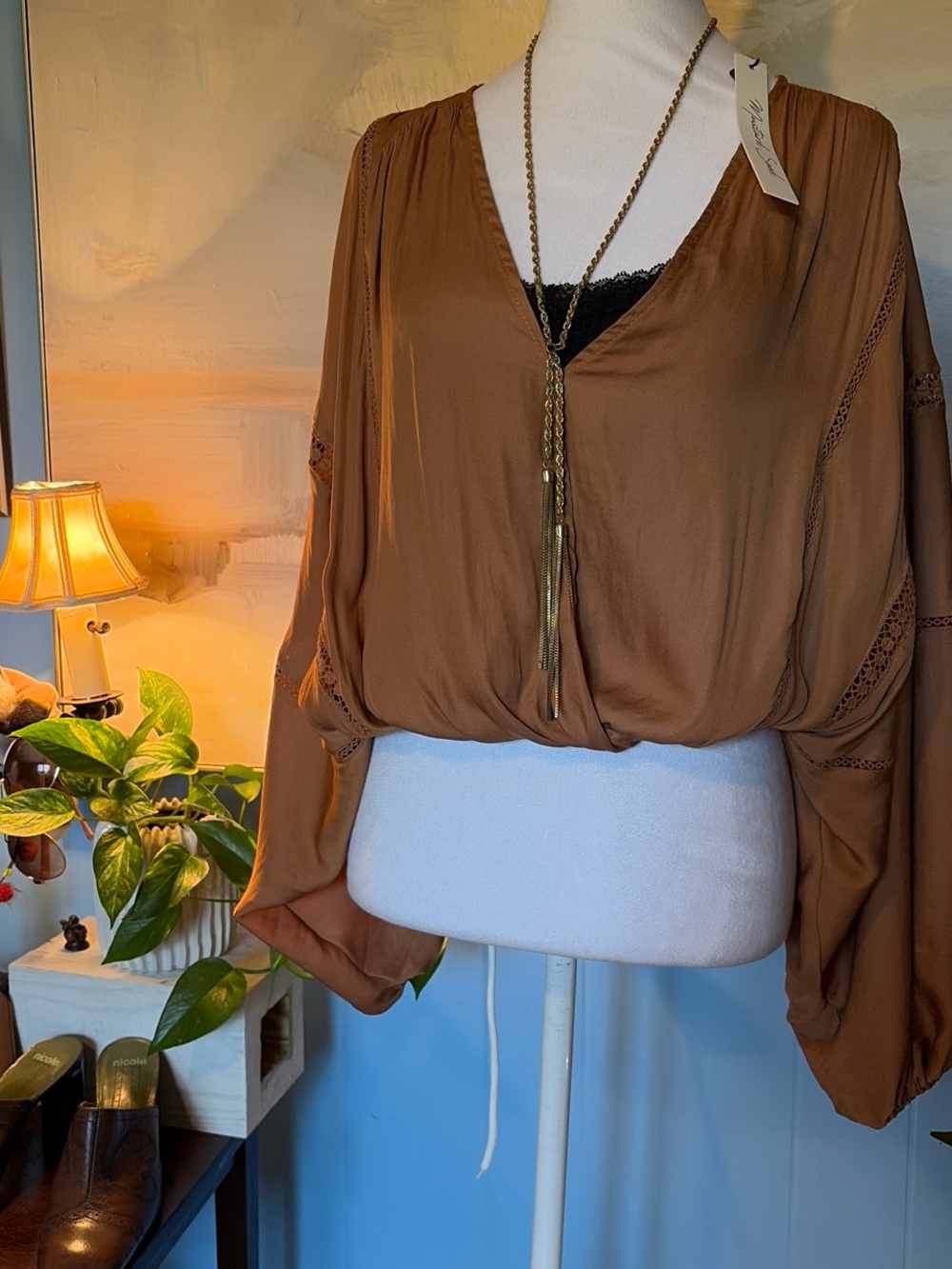 Mustard Seed Burnt Orange V-Neck Blouson Top with Lace Trim